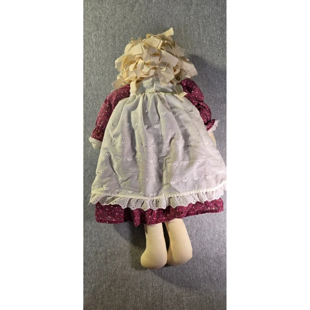 Handmade Primitive Rag Doll Burgundy Floral Dress White Eyelet Apron 21 Inch